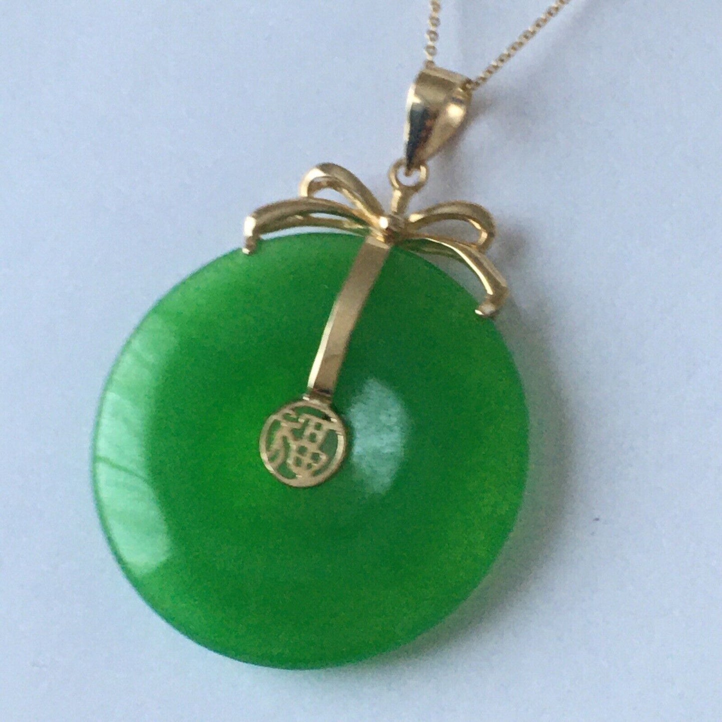 New 14k Solid Yellow Gold Circle Natural Green Jade Pendant Lucky Happiness 4.8g