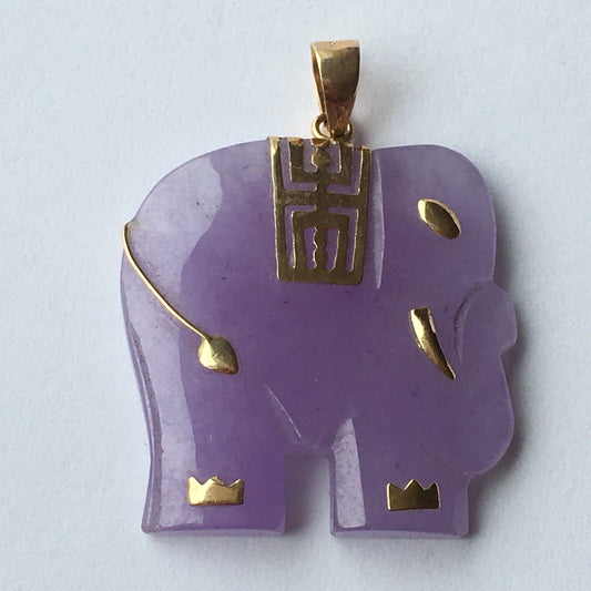 Q12502, New 14k Solid Yellow Gold Y/G Lavender Jade Pendant, Elephant, 1 Inch