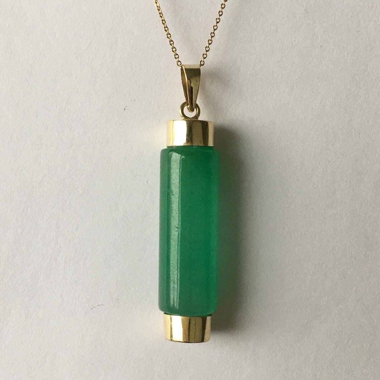 New 14k Solid Yellow Gold Quality Natural Green Jade Cylinder Pendant Good Luck