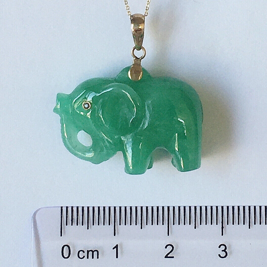 P-2850 New 14k Solid Yellow Gold Natural Green Jade Elephant Pendant Ruby Eyes