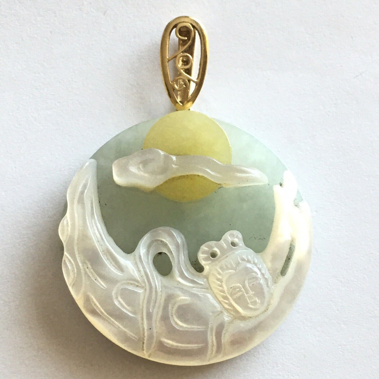 New 14k Solid Yellow Gold Natural Green Jade Mother of Pearl Pendant Lucky Lady Buddha 13.6g