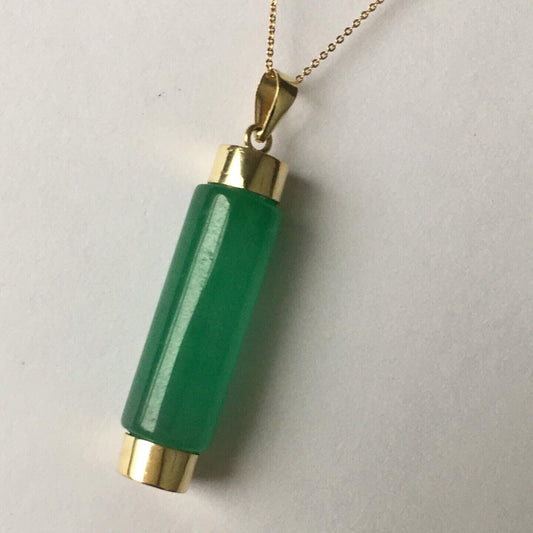 New 14k Solid Yellow Gold Quality Natural Green Jade Cylinder Pendant Good Luck