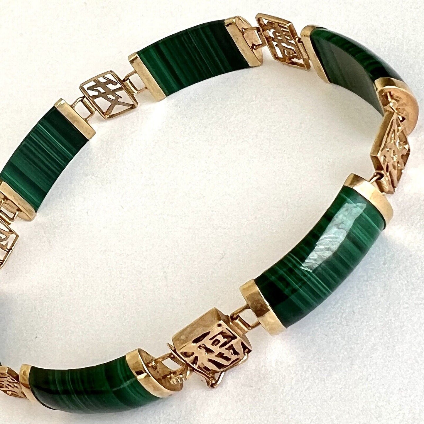 New 14k Solid Yellow Gold malachite Bamboo Bracelet 7.5” Lucky Money Safe