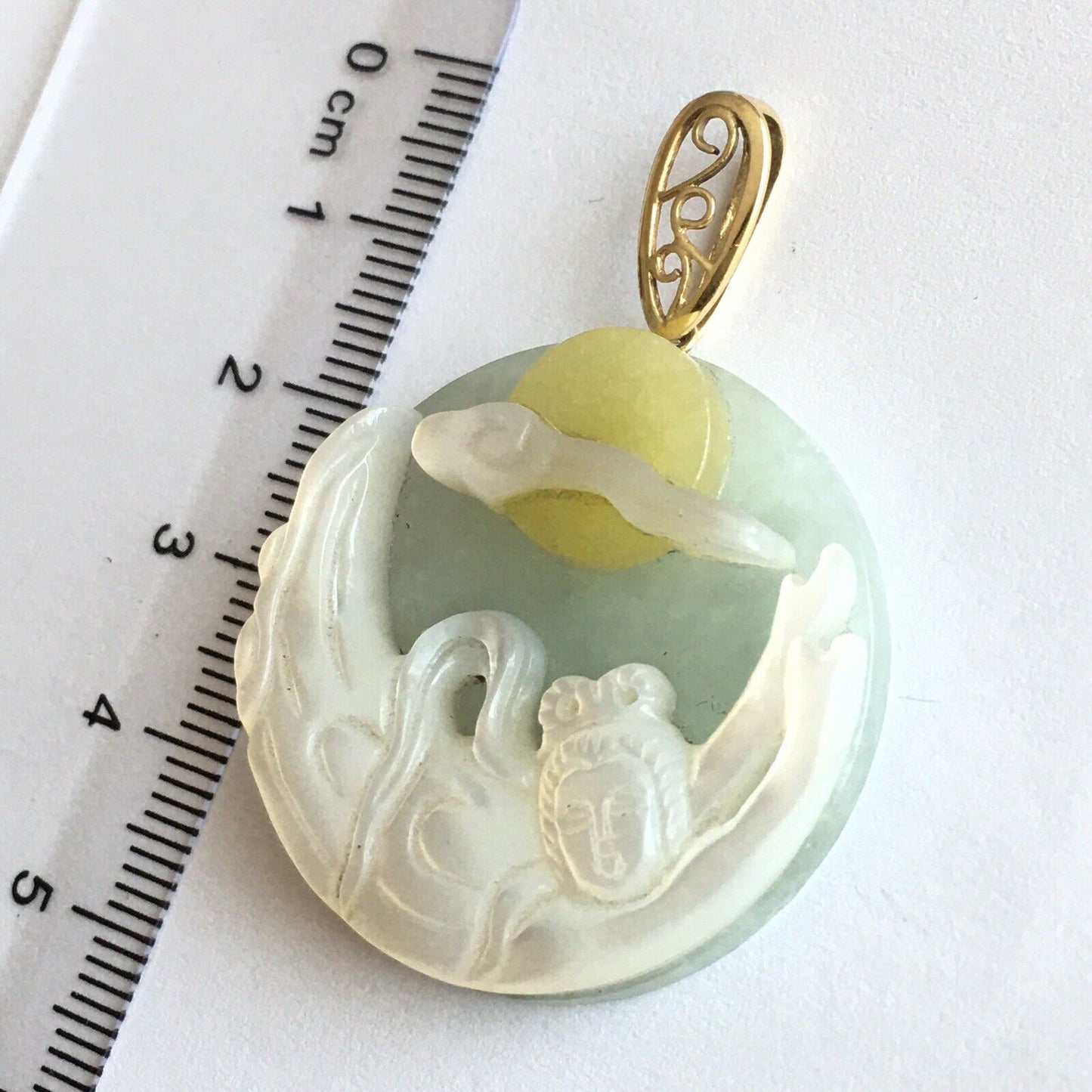 New 14k Solid Yellow Gold Natural Green Jade Mother of Pearl Pendant Lucky Lady Buddha 13.6g