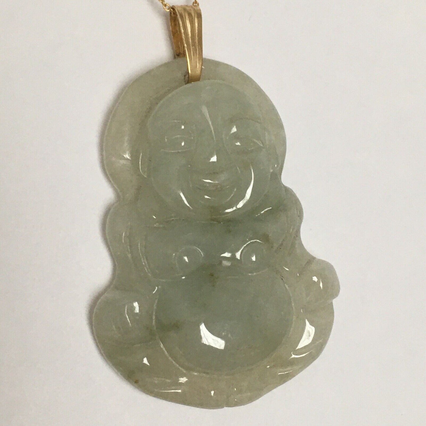 New 14k Solid Yellow Gold Natural Quality Green Jade Pendant Lucky Buddha 7.1g