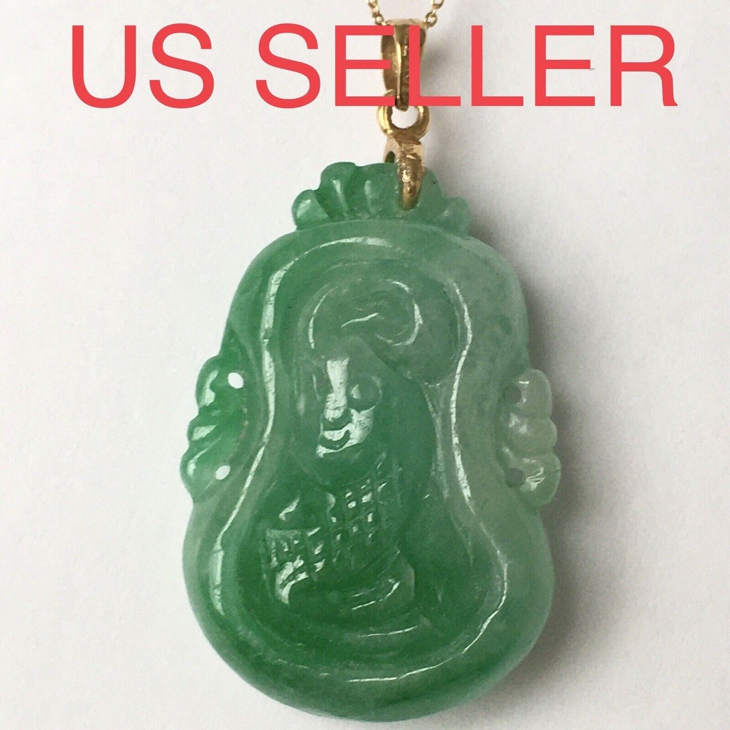 18k Solid Yellow Gold Green Jade Pendant Hand carved Good Luck Fish Gourd 7.7g