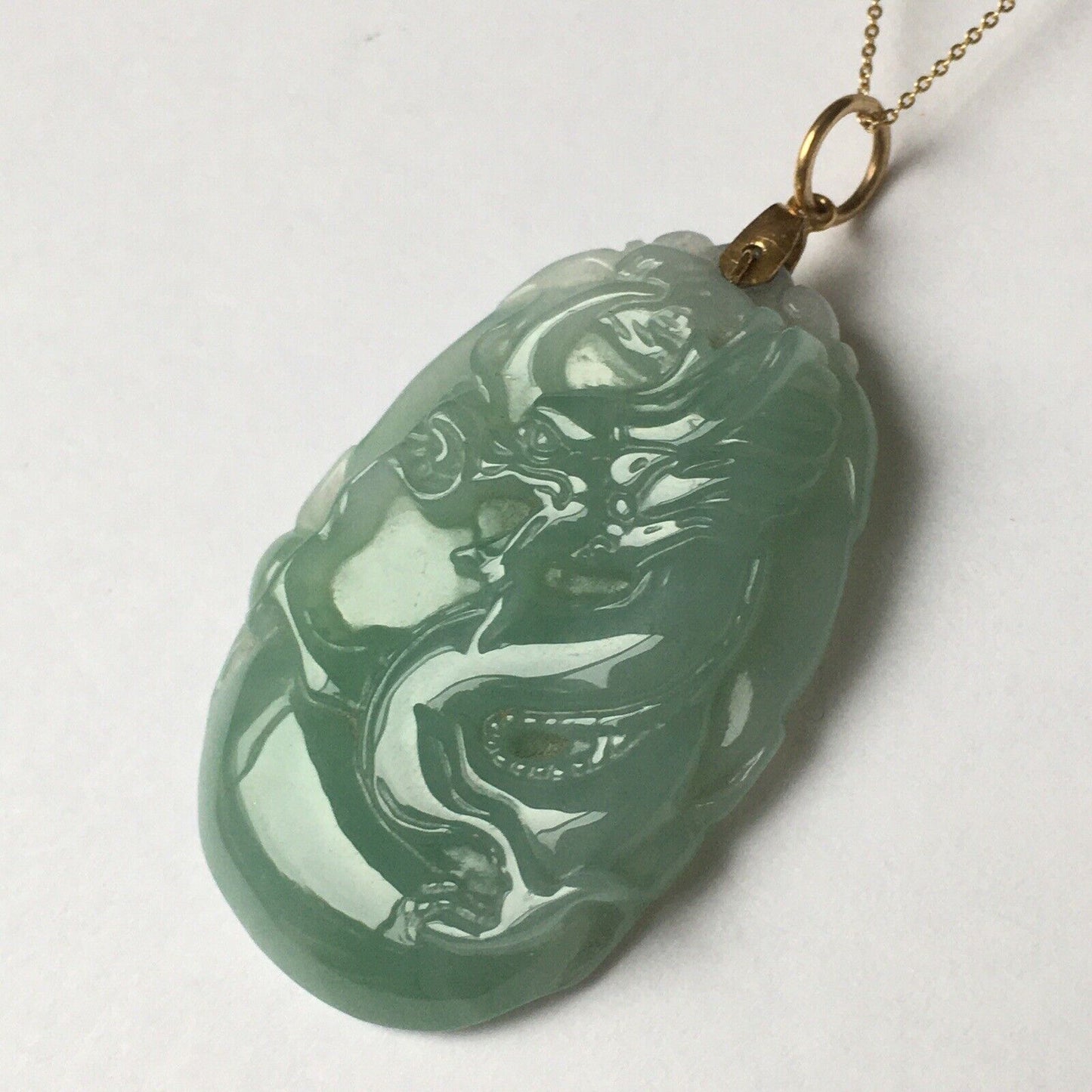 New 14k Solid Yellow Gold Natural Green Jade Pendant Long Life Dragon Good Luck