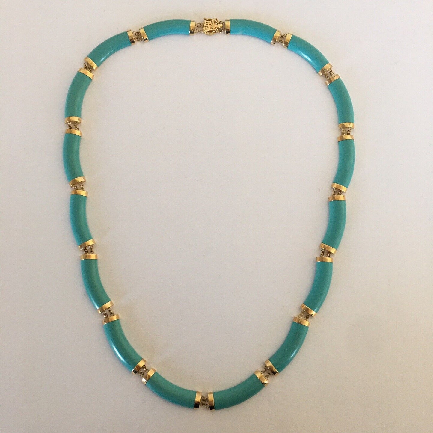 P-058560 New 14k Solid Yellow Gold Unique Turquoise Bamboo Necklace, “happiness” Clasp