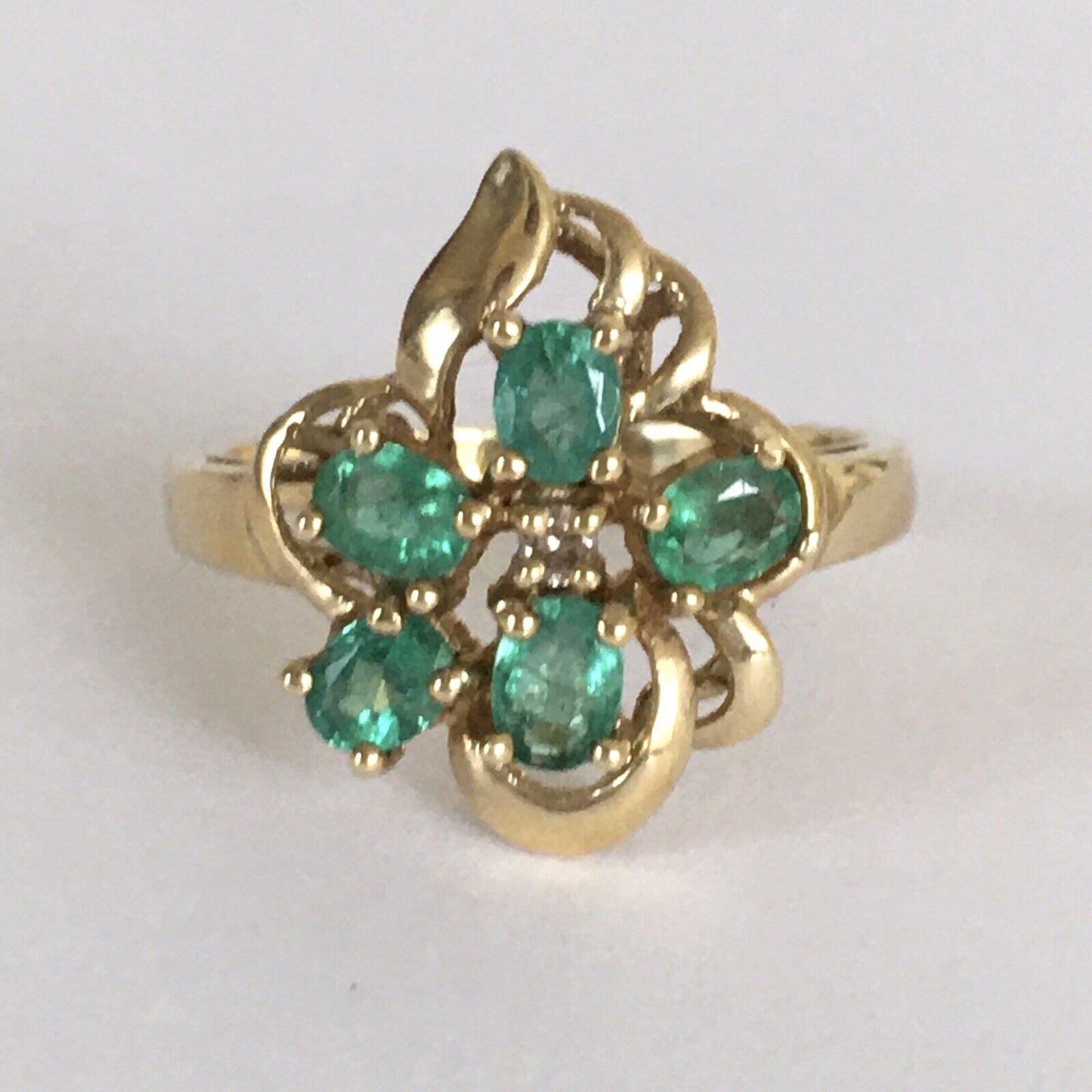 P-5532 New 14k Solid Yellow Gold Genuine Emerald Diamond Ring SZ-7 Unique Flower