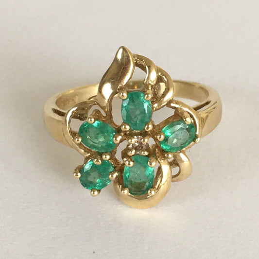 P-5532 New 14k Solid Yellow Gold Genuine Emerald Diamond Ring SZ-7 Unique Flower