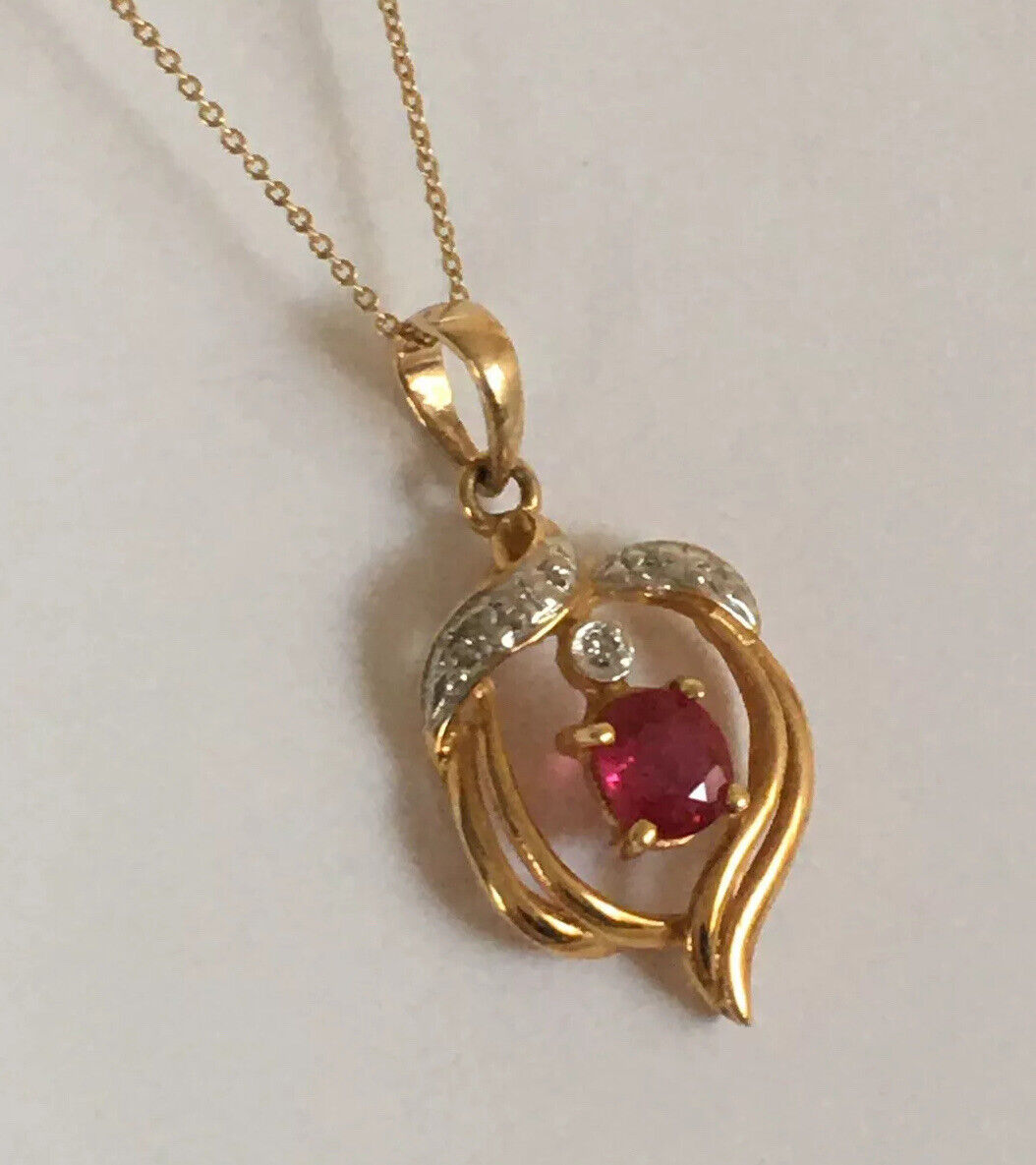 P-9786 New 14k Solid Yellow Gold Genuine Oval Ruby Pendant With Diamond