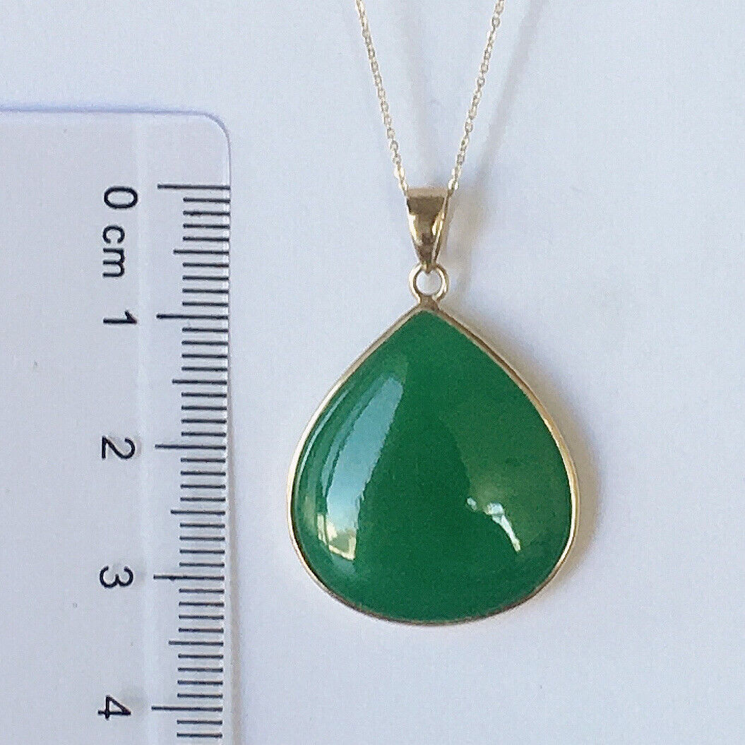 P-2380 New 14k Solid Yellow Gold Natural Quality Green Jade Pendant HandCut Pear