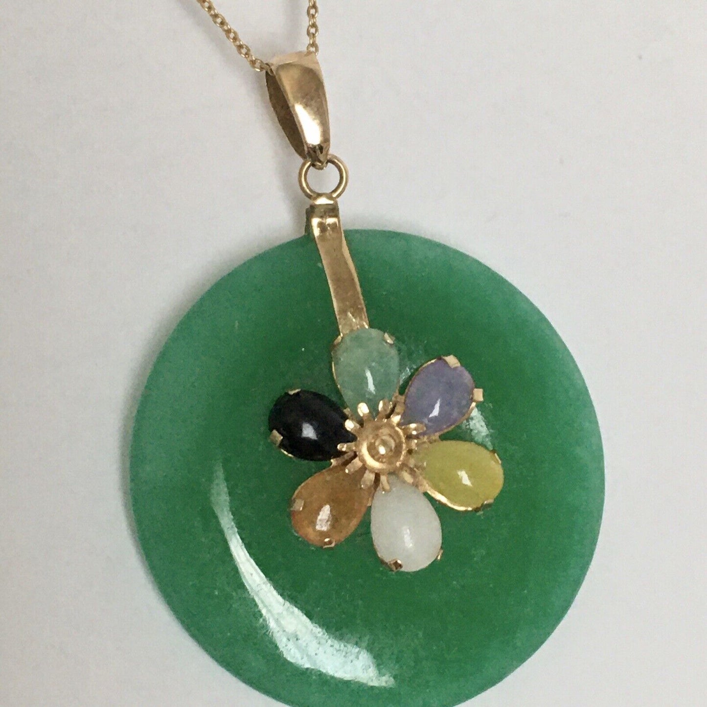 New 14k Solid Yellow Gold Circle Natural Multi Color Jade Flower Pendant Lucky