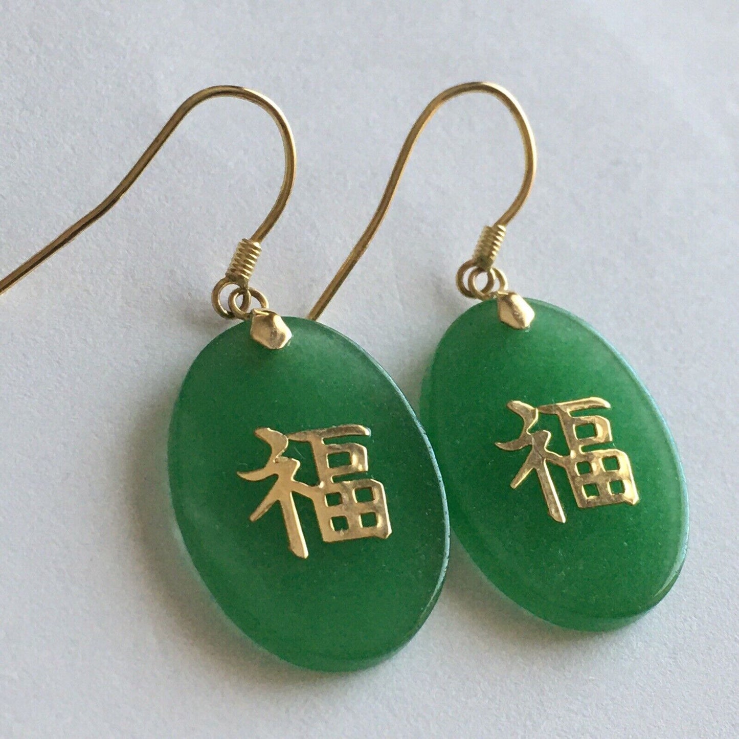 New 14k Solid Yellow Gold Natural Green Jade Earrings “Happiness” Good Luck 3.2g