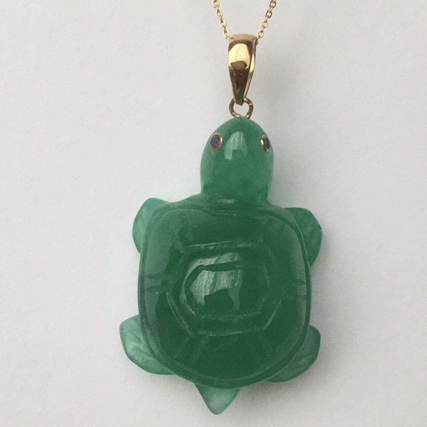 14k Solid Yellow Gold Natural Green Jade Turtle Pendant Ruby Eyes Hand Carved