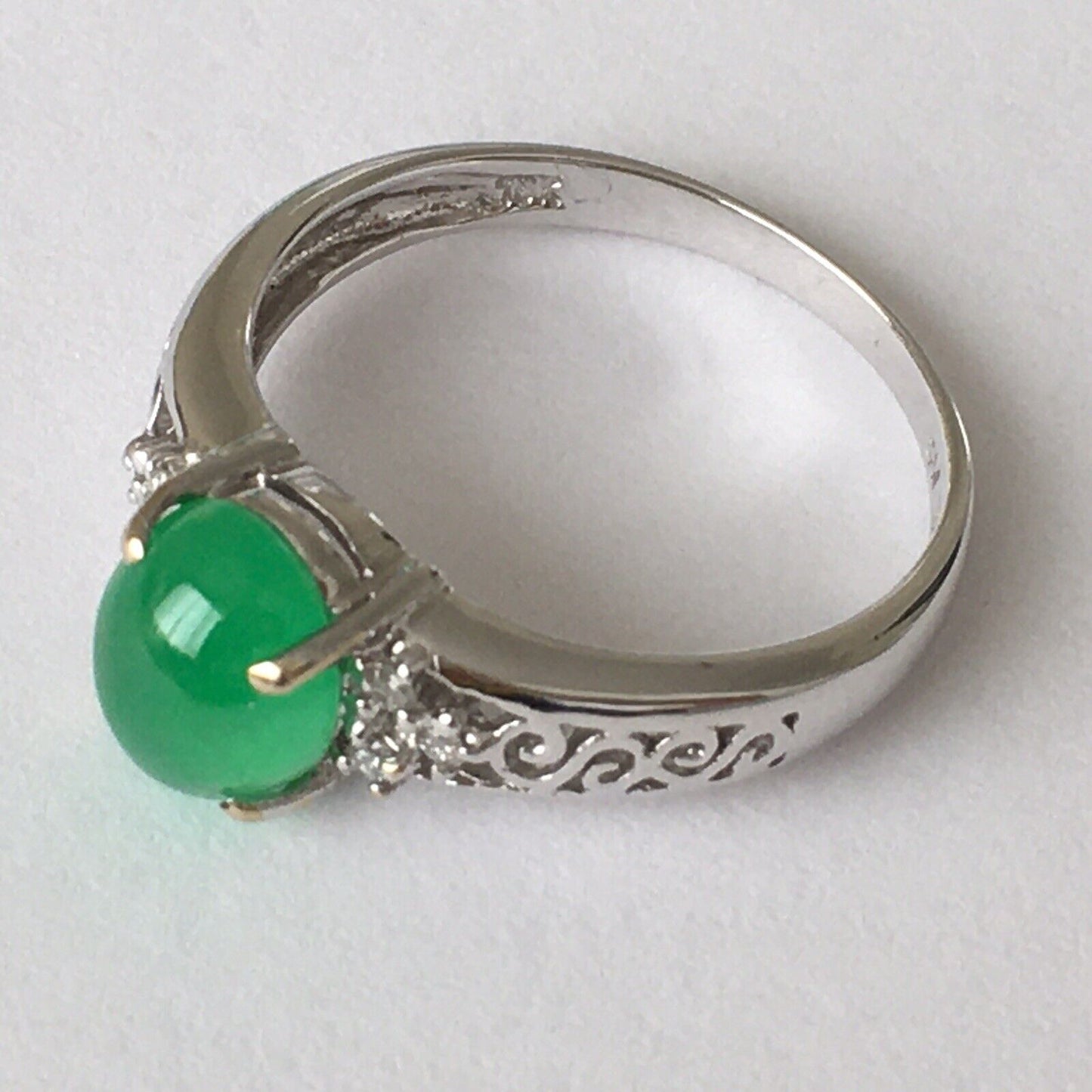 New Natural 14k Solid White Gold Quality Green Jade Diamonds Ring SZ-7.5