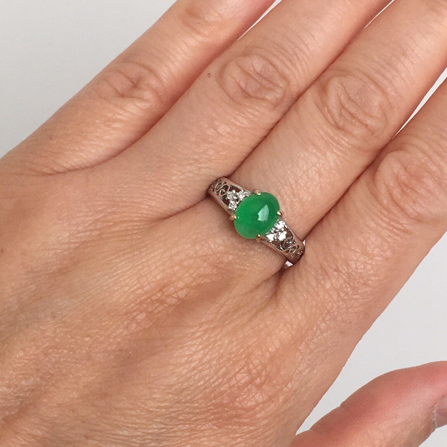 New Natural 14k Solid White Gold Quality Green Jade Diamonds Ring SZ-7.5