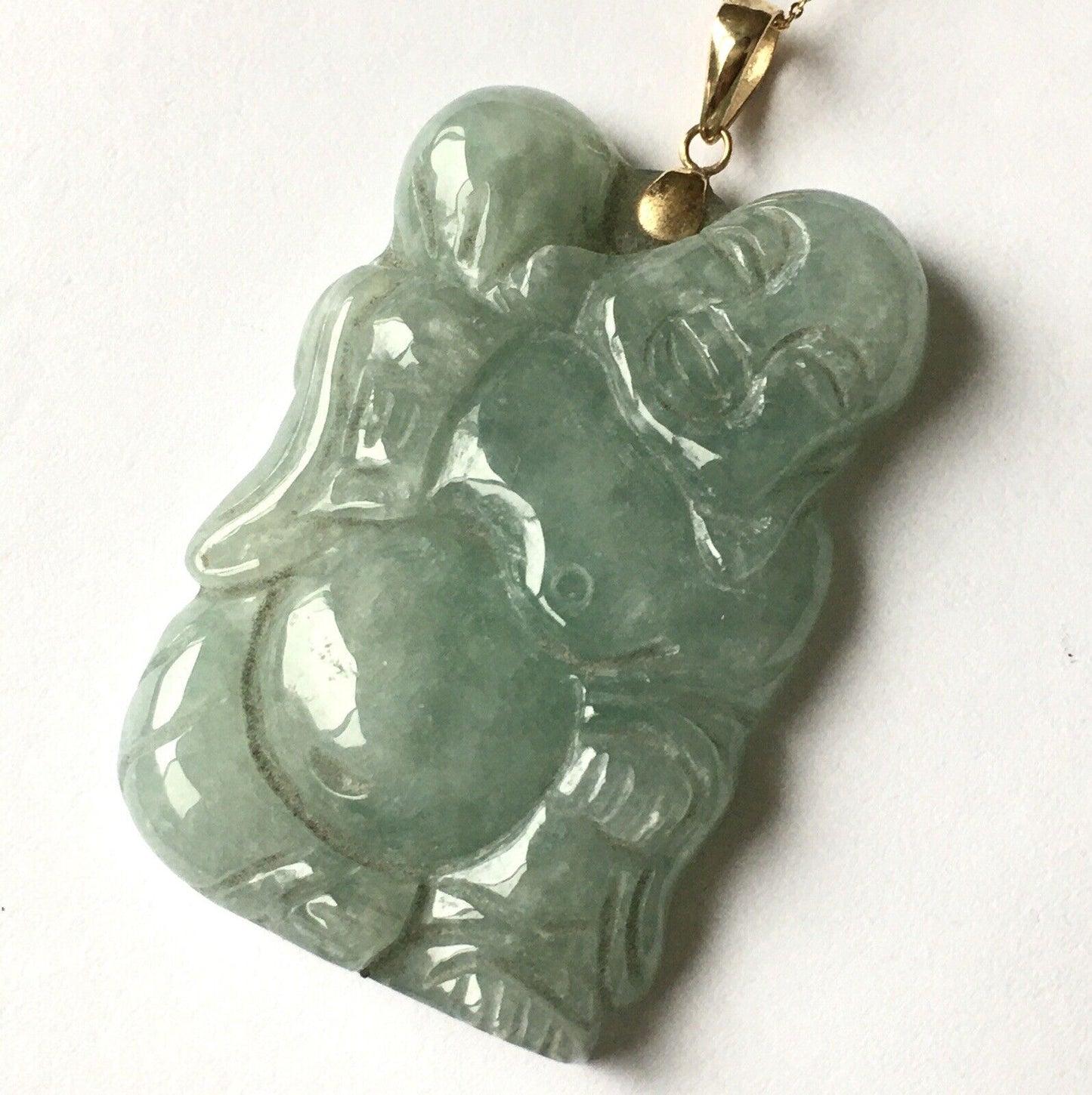 New 14k Solid Yellow Gold Big Natural Green Jade Pendant Lucky Buddha 18.8g