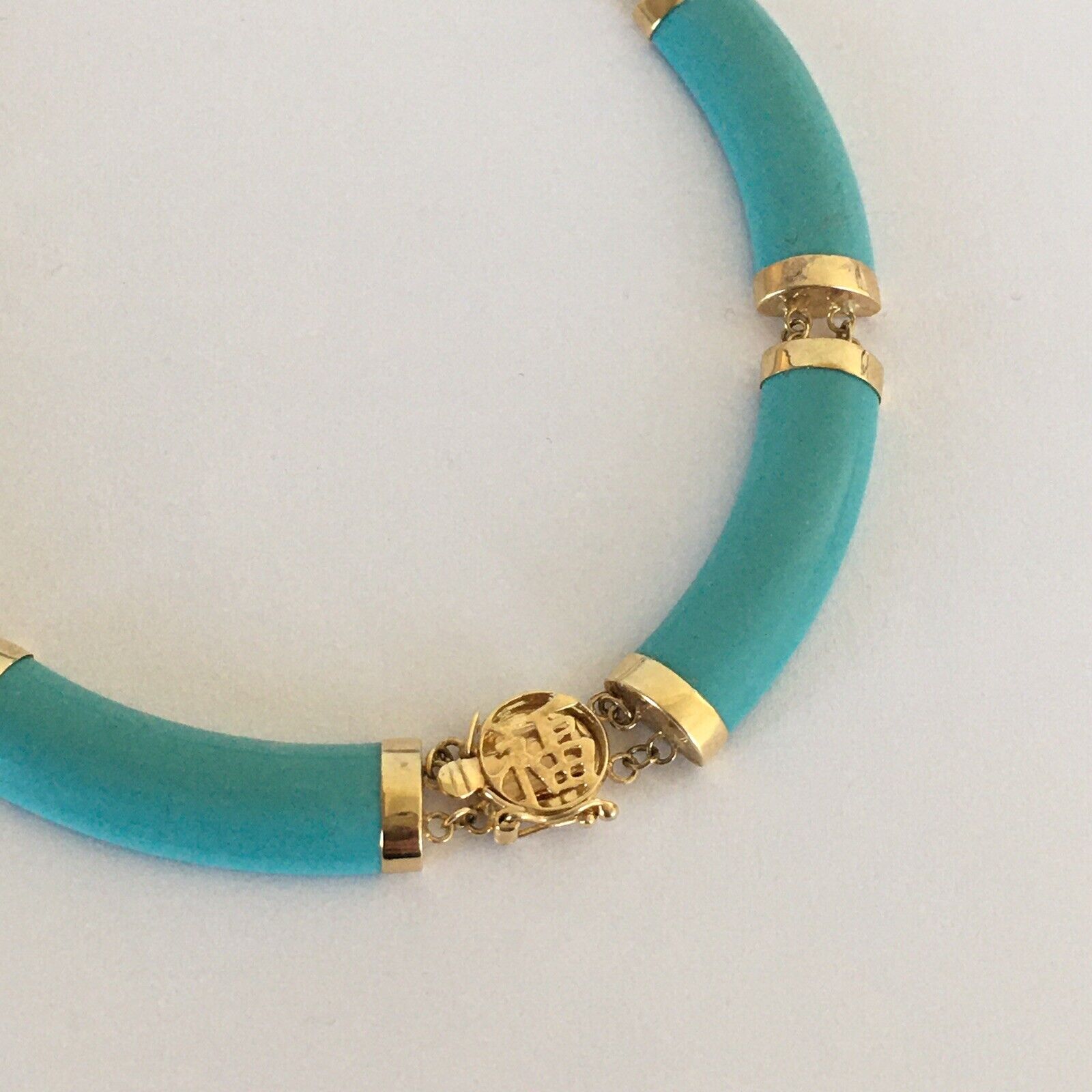 P-058560 New 14k Solid Yellow Gold Unique Turquoise Bamboo Necklace,  “happiness” Clasp