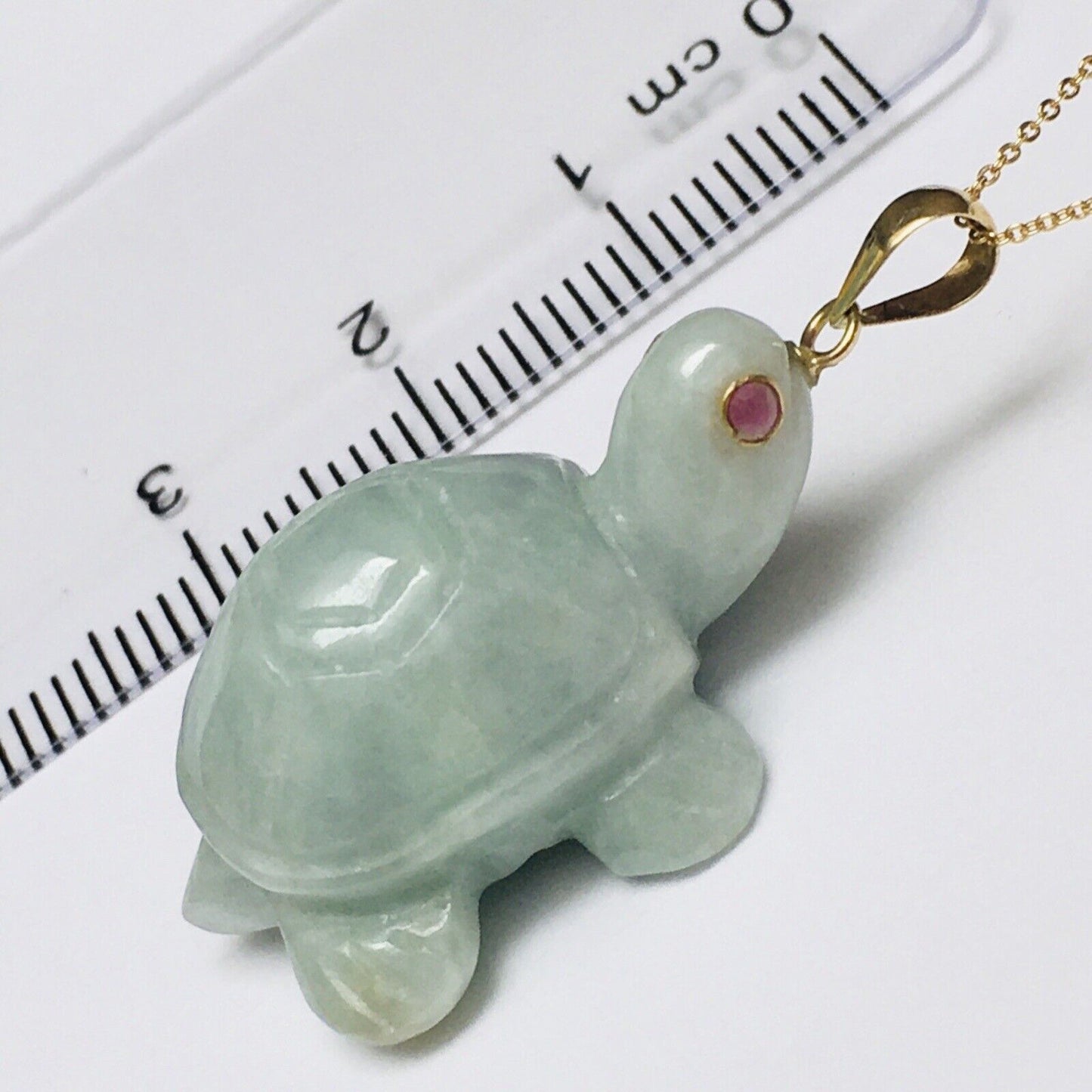 14k Solid Yellow Gold Natural Green Jade Turtle Pendant Ruby Eyes Hand Carved