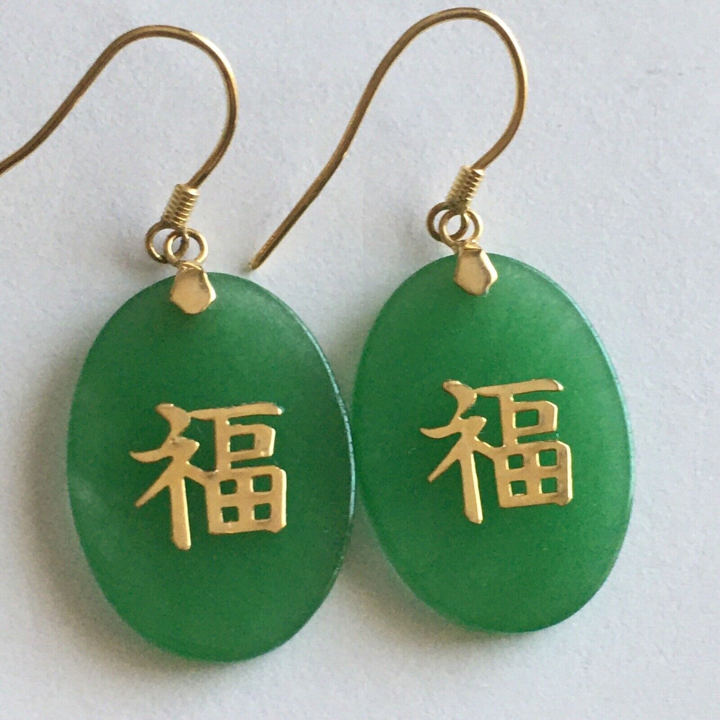 New 14k Solid Yellow Gold Natural Green Jade Earrings “Happiness” Good Luck 3.2g