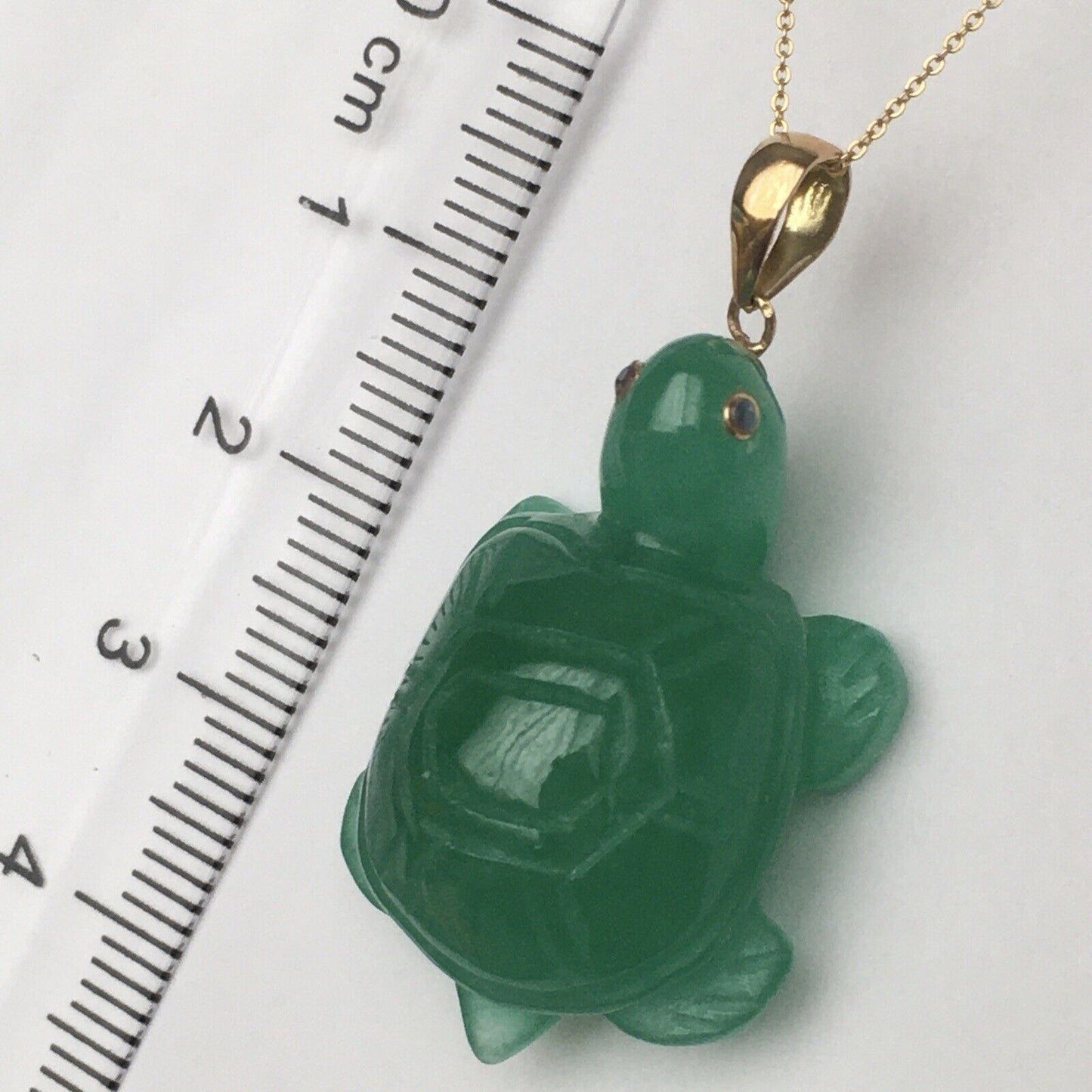 14k Solid Yellow Gold Natural Green Jade Turtle Pendant Ruby Eyes Hand Carved