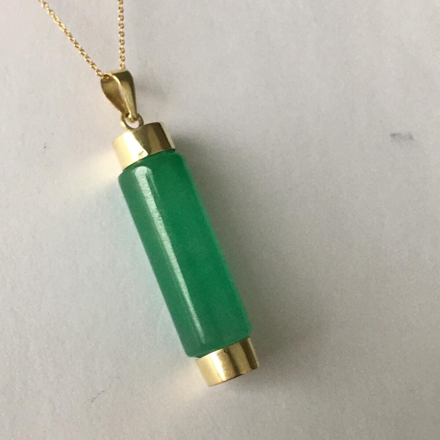 New 14k Solid Yellow Gold Quality Natural Green Jade Cylinder Pendant Good Luck