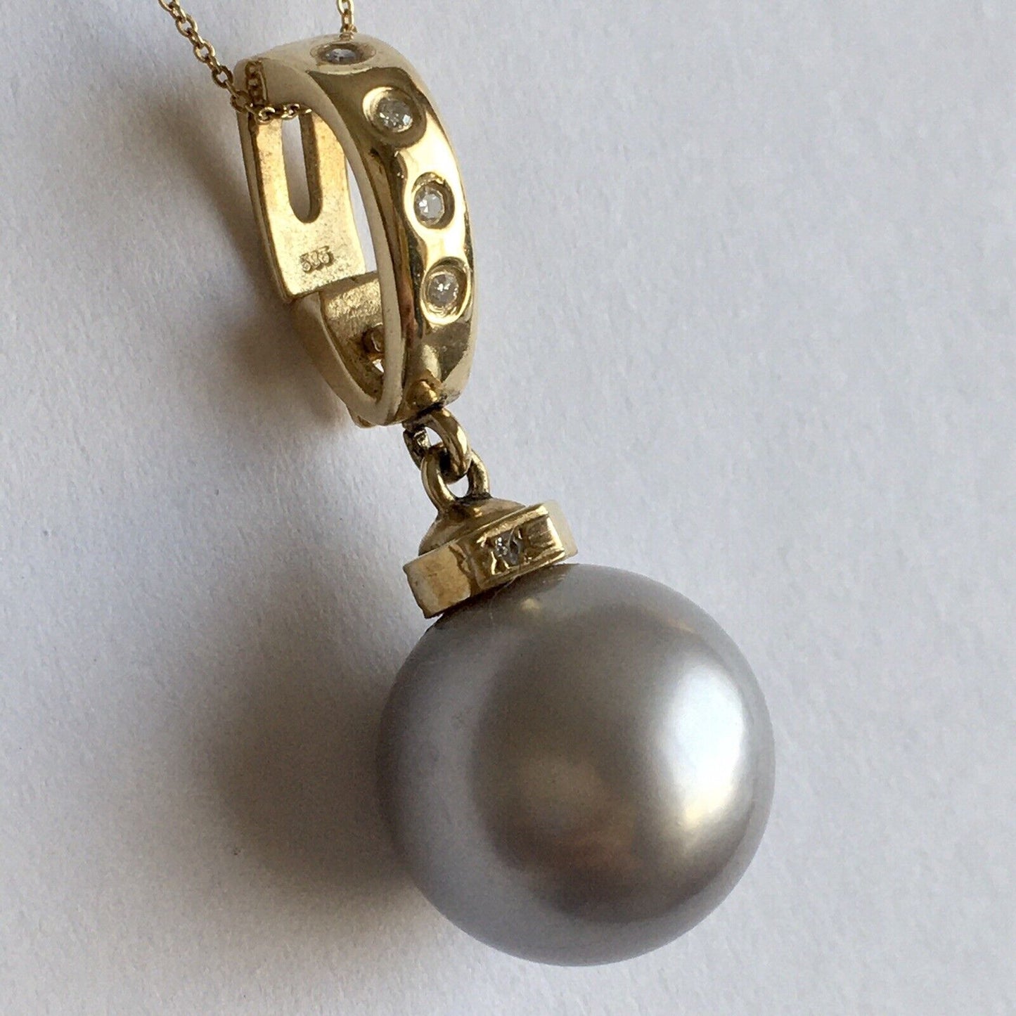 14k Real Yellow Gold Natural Gray South Sea Pearl Diamonds Pendant Perfect Round