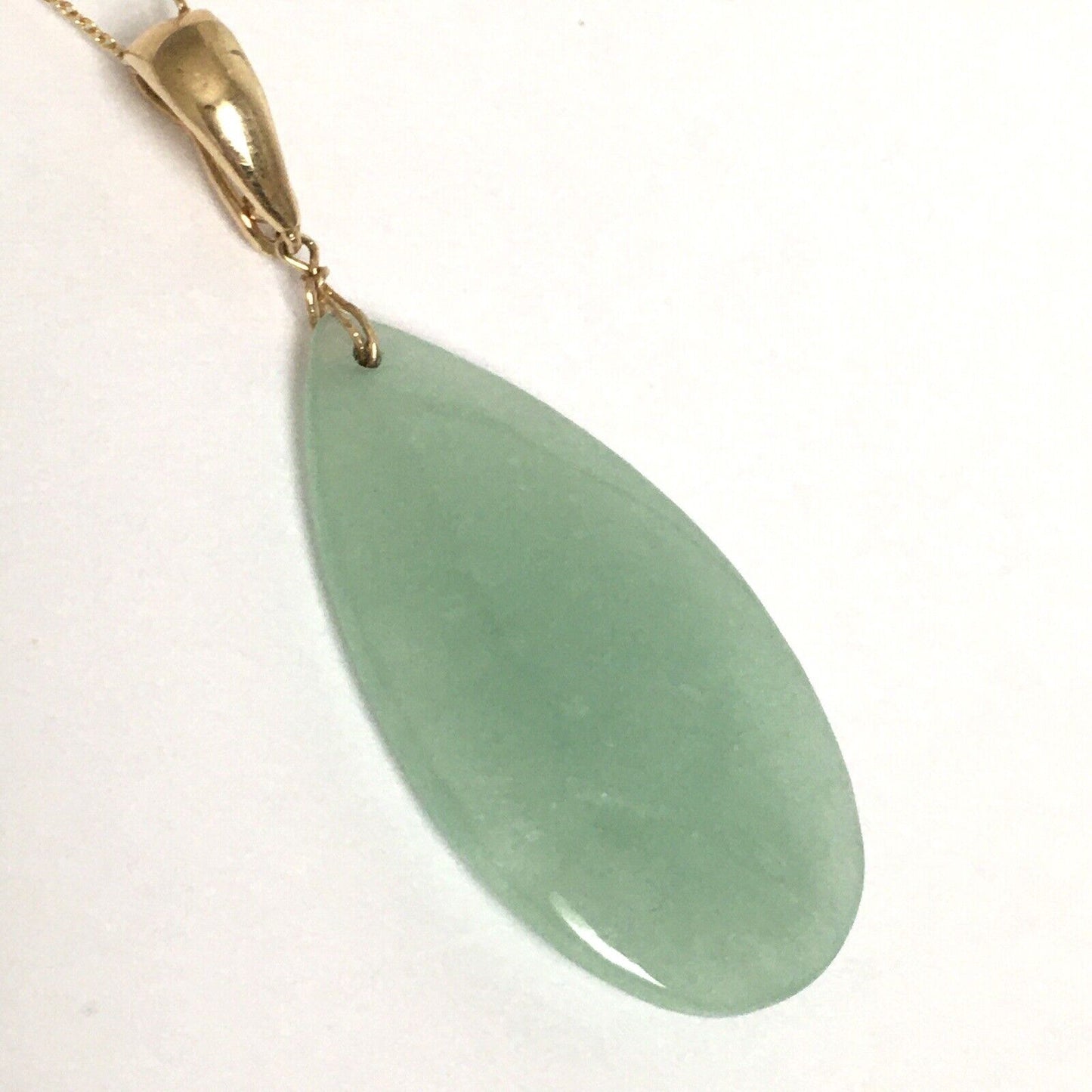 New 14k Solid Yellow Gold Natural Green Jade Teardrop Pendant Good Luck 6.3g