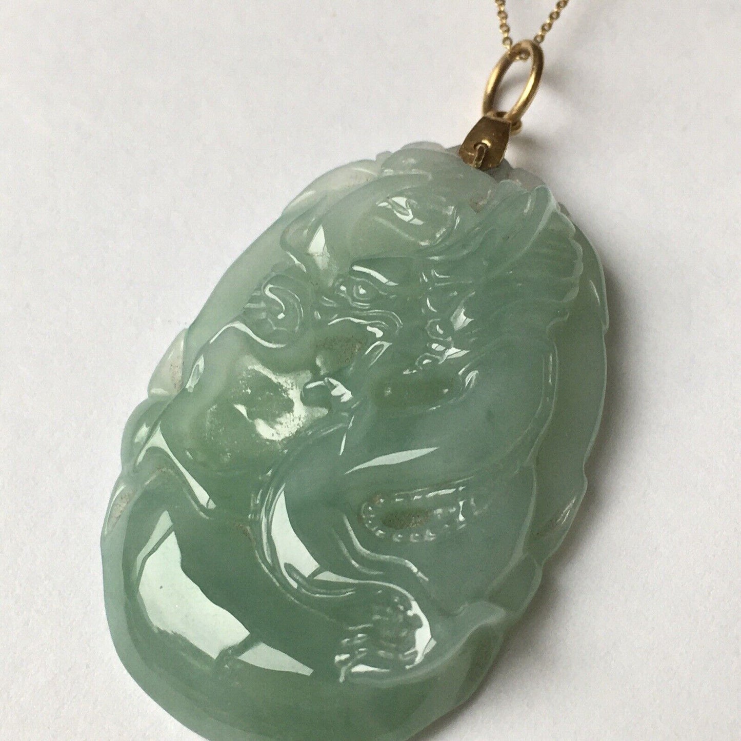 New 14k Solid Yellow Gold Natural Green Jade Pendant Long Life Dragon Good Luck