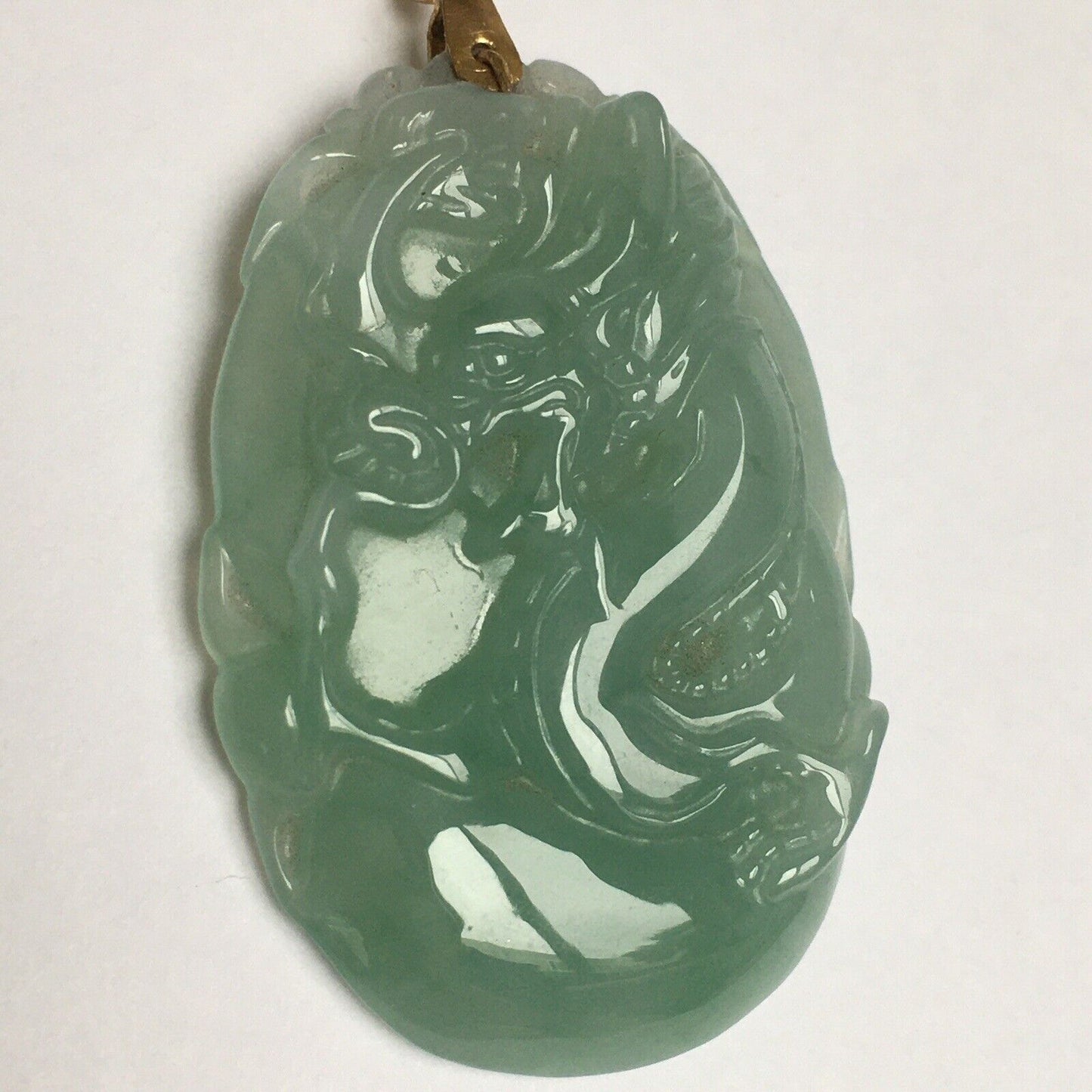 New 14k Solid Yellow Gold Natural Green Jade Pendant Long Life Dragon Good Luck