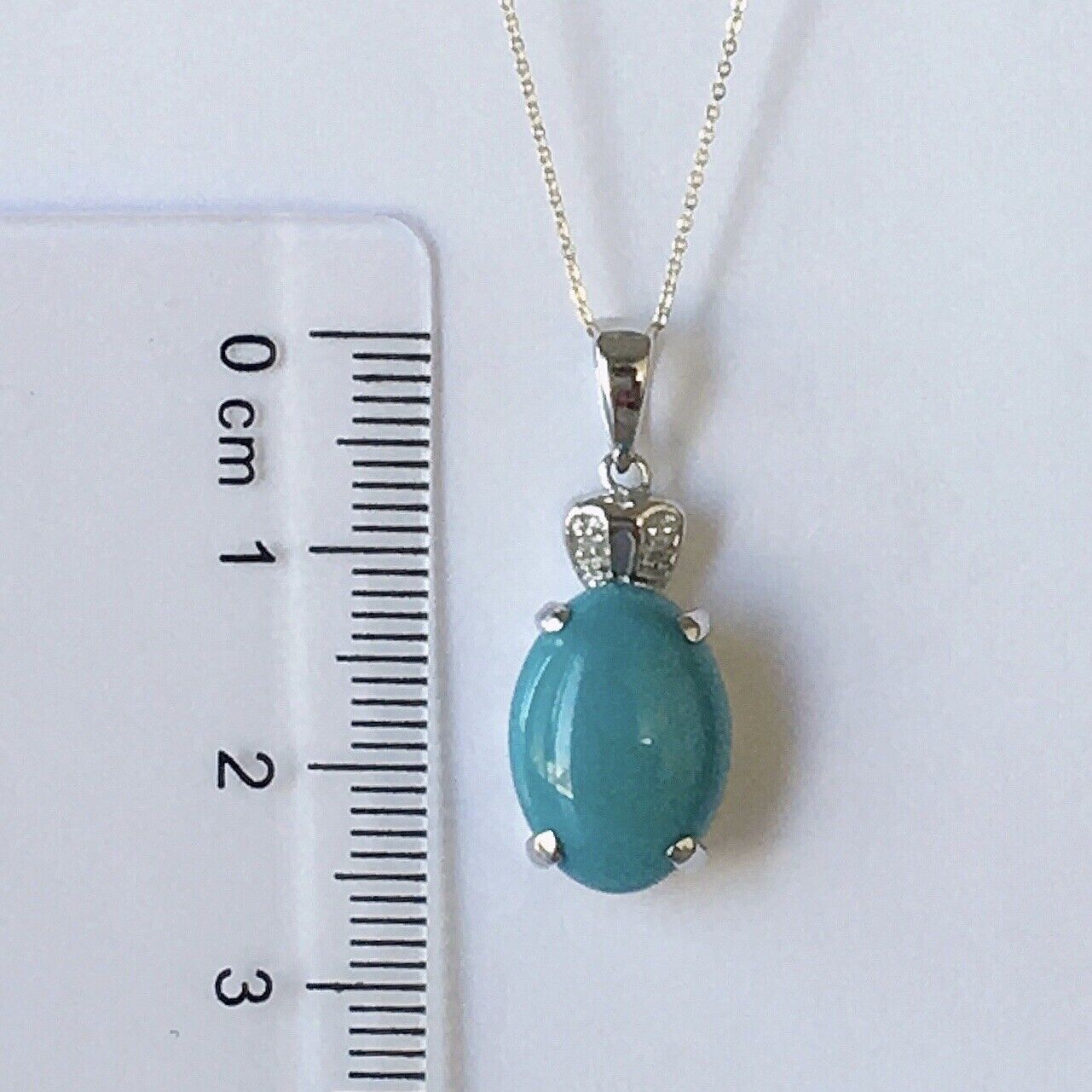 P-0964 New 14k Solid White Gold W/G Turquoise Pendant With Diamond, Oval Shape