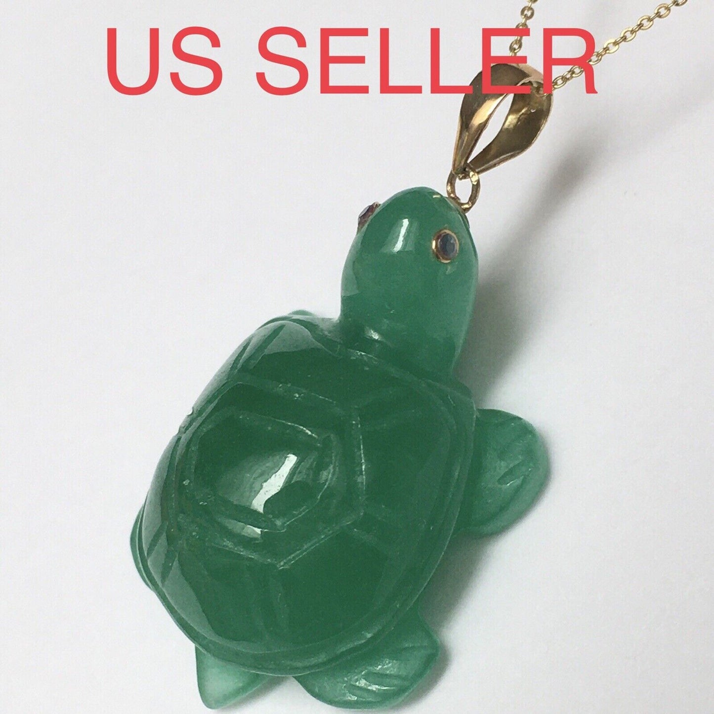 14k Solid Yellow Gold Natural Green Jade Turtle Pendant Ruby Eyes Hand Carved