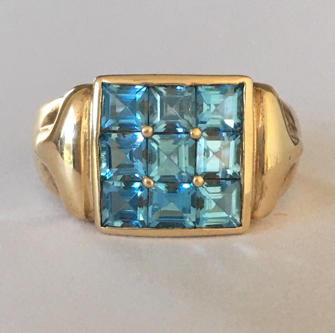 Q9620, New 14k Solid Yellow Gold Y/G Blue Topaz Ring, 10*10mm, SZ-7