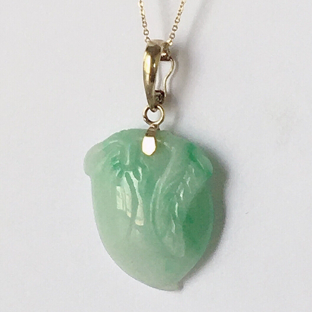 P-2230 New 14k Solid Yellow Gold Natural Quality Green Jade Pendant HandCut Pear