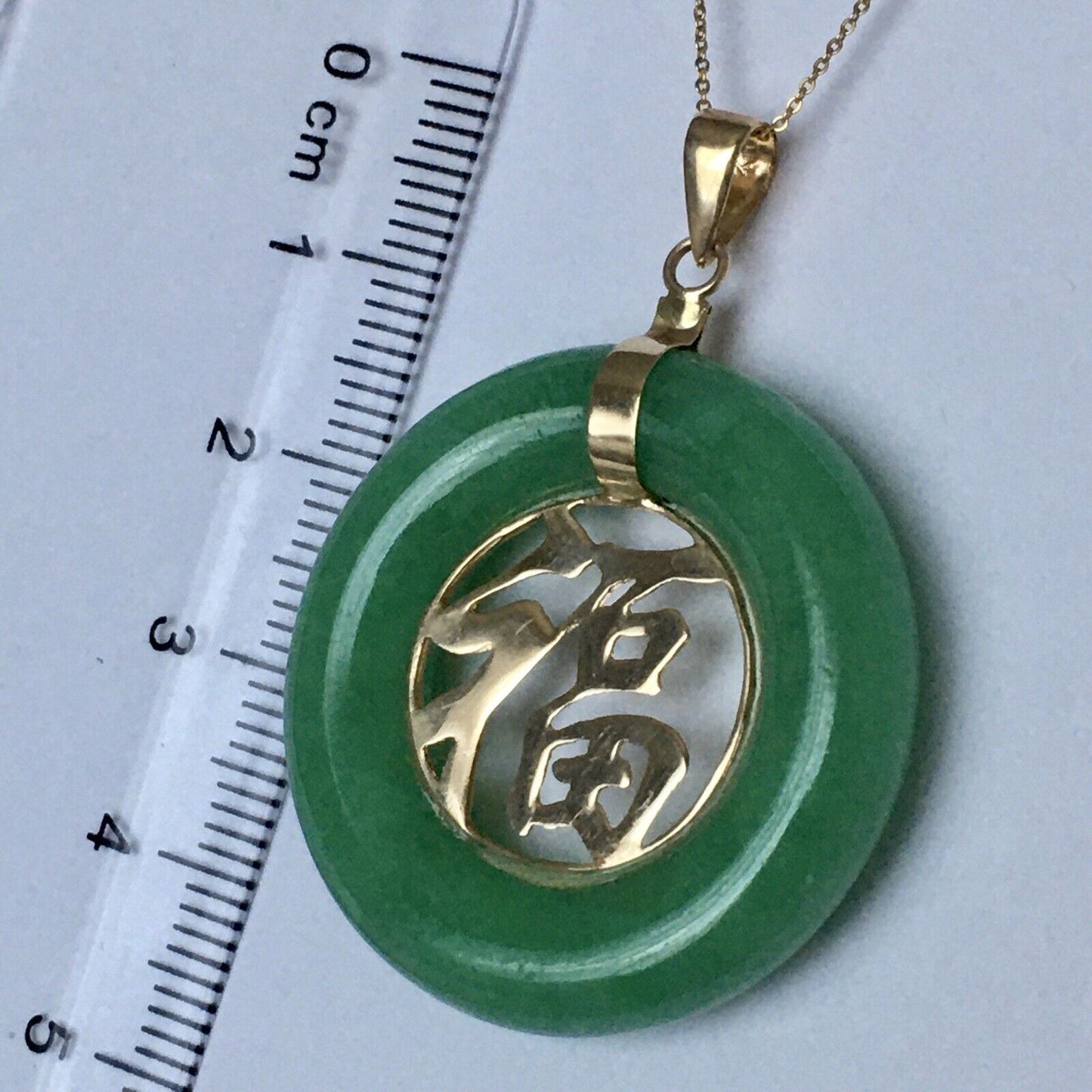 14k Solid Yellow Gold Big Circle Natural Green Jade Pendant Lucky Happiness 9.1g