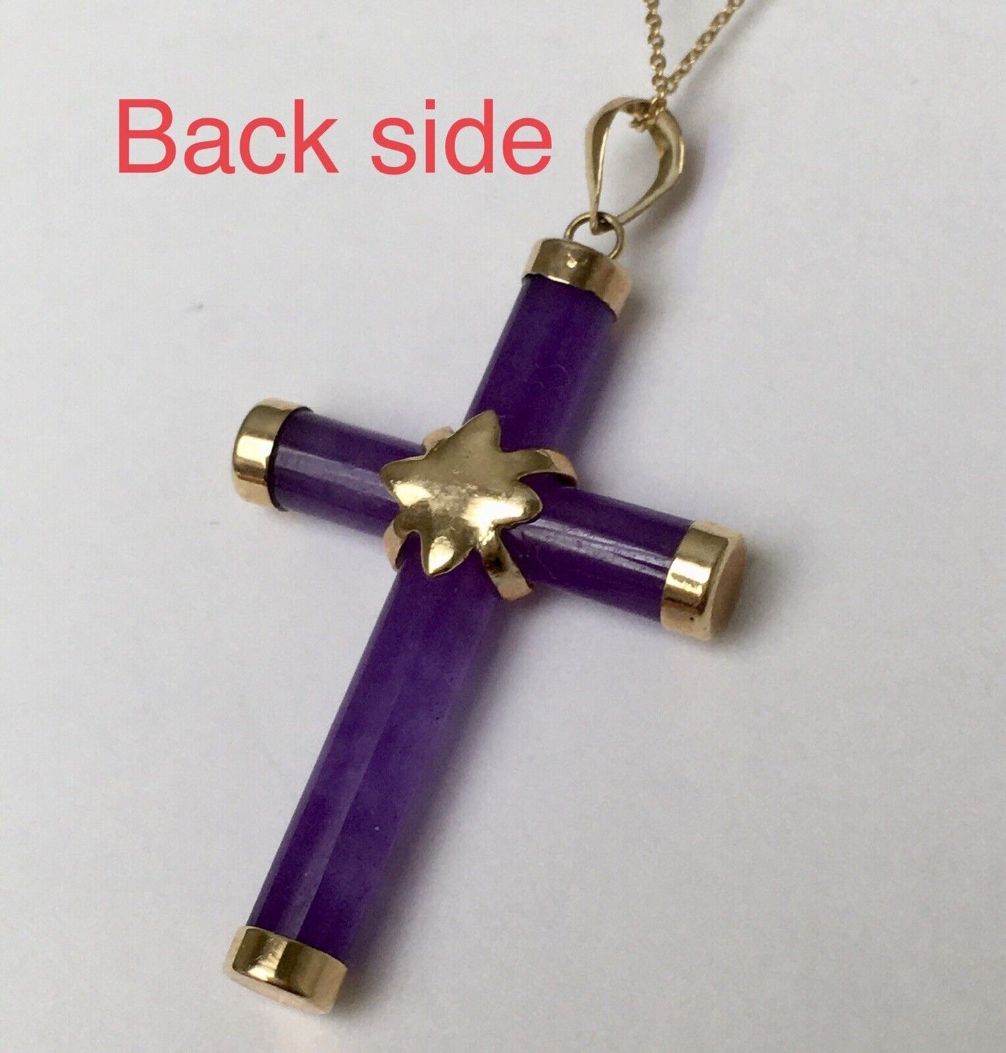 New 14k Solid Yellow Gold Purple Lavender Natural Jade Pendant Good Luck Cross