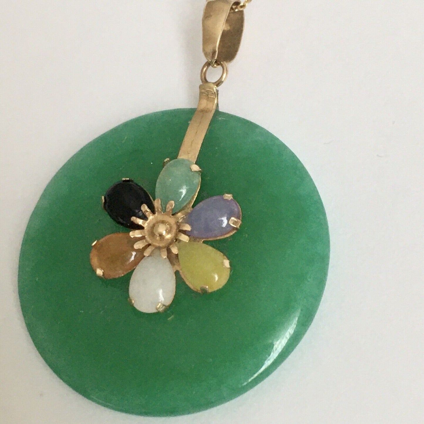 New 14k Solid Yellow Gold Circle Natural Multi Color Jade Flower Pendant Lucky