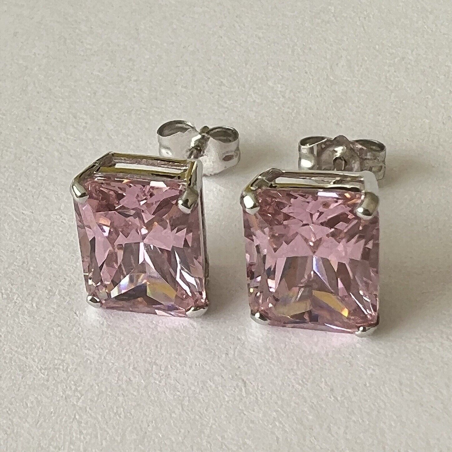 P2250 New 14k White Gold Pink Topaz Studs Earrings Gemstone 7*9mm Emerald Cut