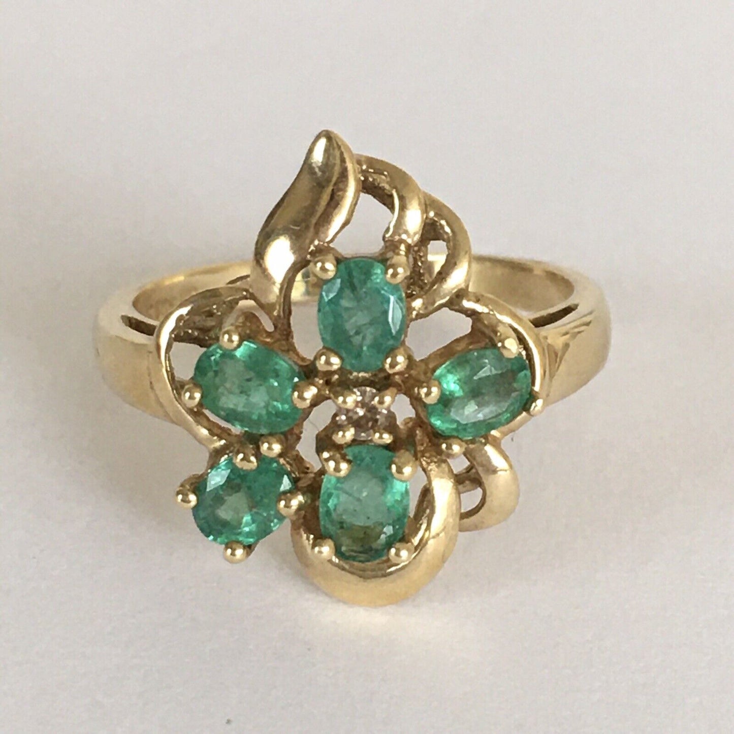 P-5532 New 14k Solid Yellow Gold Genuine Emerald Diamond Ring SZ-7 Unique Flower