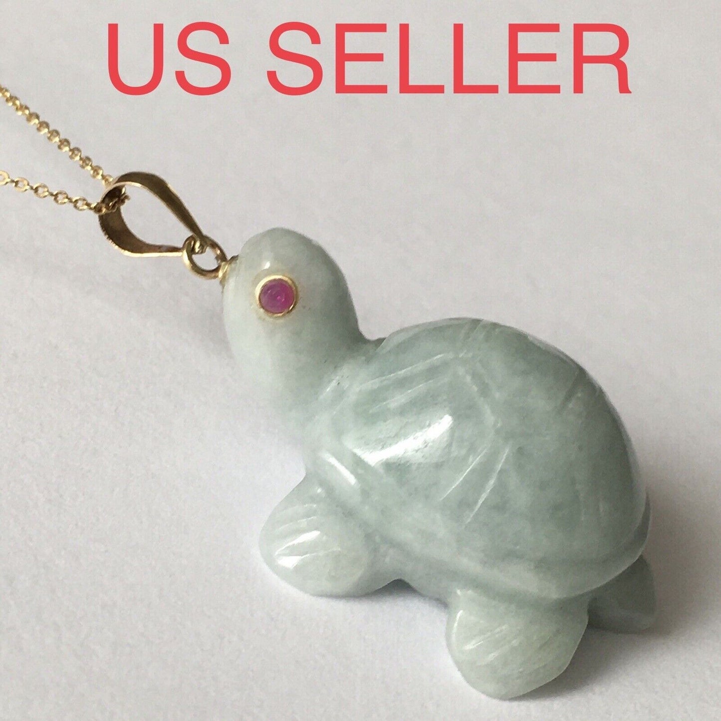 14k Solid Yellow Gold Natural Green Jade Turtle Pendant Ruby Eyes Hand Carved