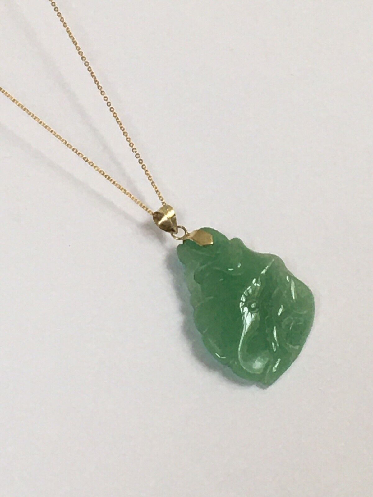 P-4730 New 14k Solid Yellow Gold Natural Quality Green Jade Pendant LuckyFlower