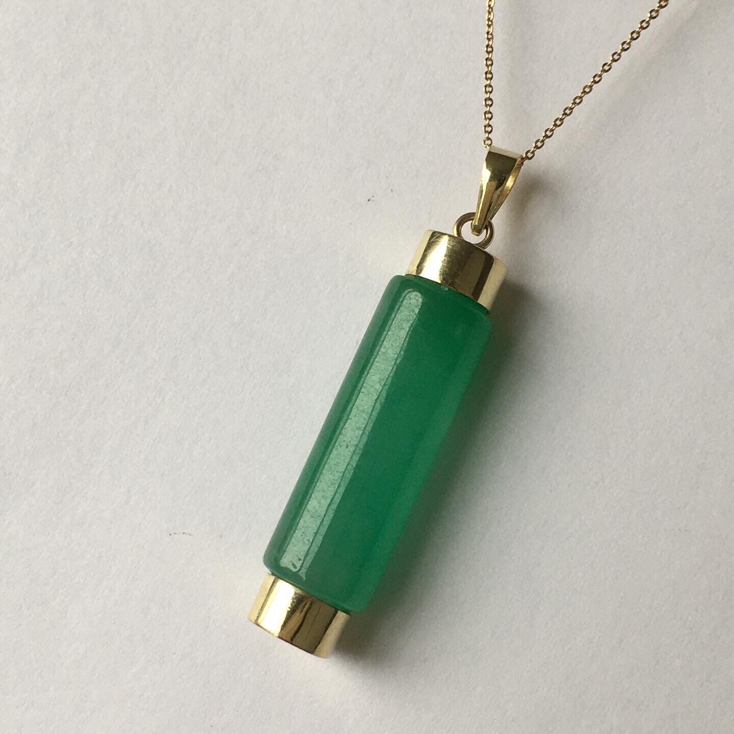 New 14k Solid Yellow Gold Quality Natural Green Jade Cylinder Pendant Good Luck