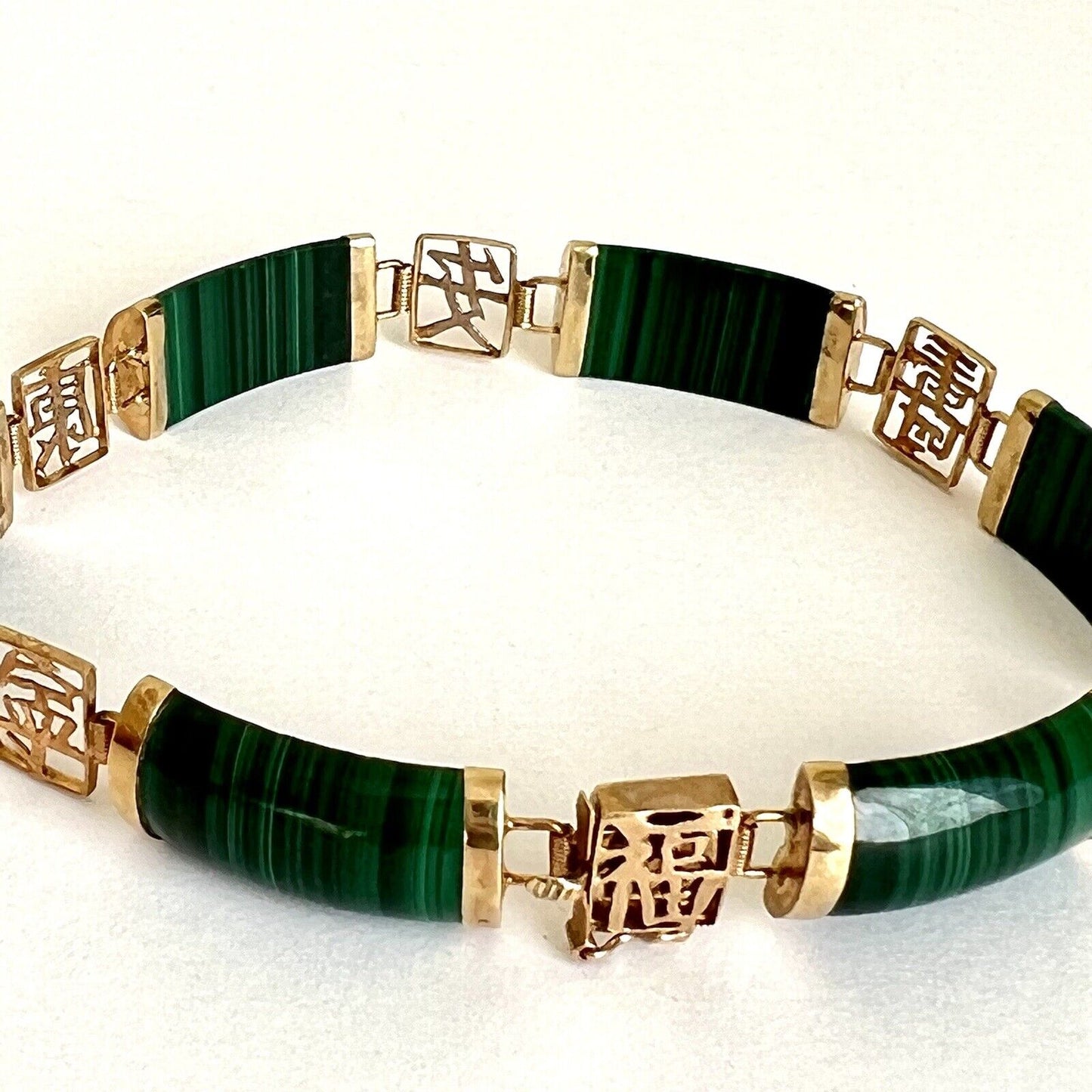 New 14k Solid Yellow Gold malachite Bamboo Bracelet 7.5” Lucky Money Safe