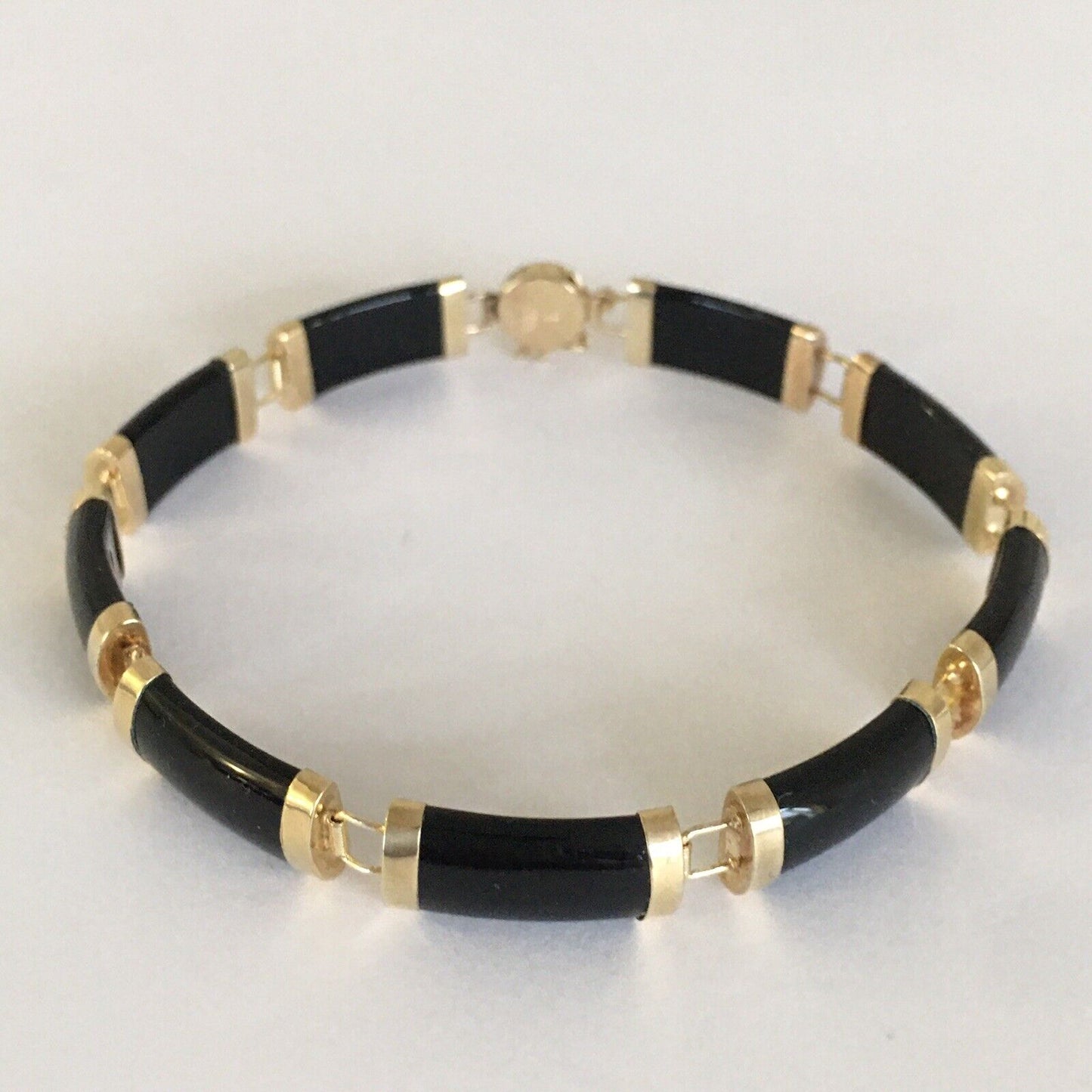 New 14k Solid Yellow Gold Black Onyx Bamboo Bracelet 7” Lucky Long Life