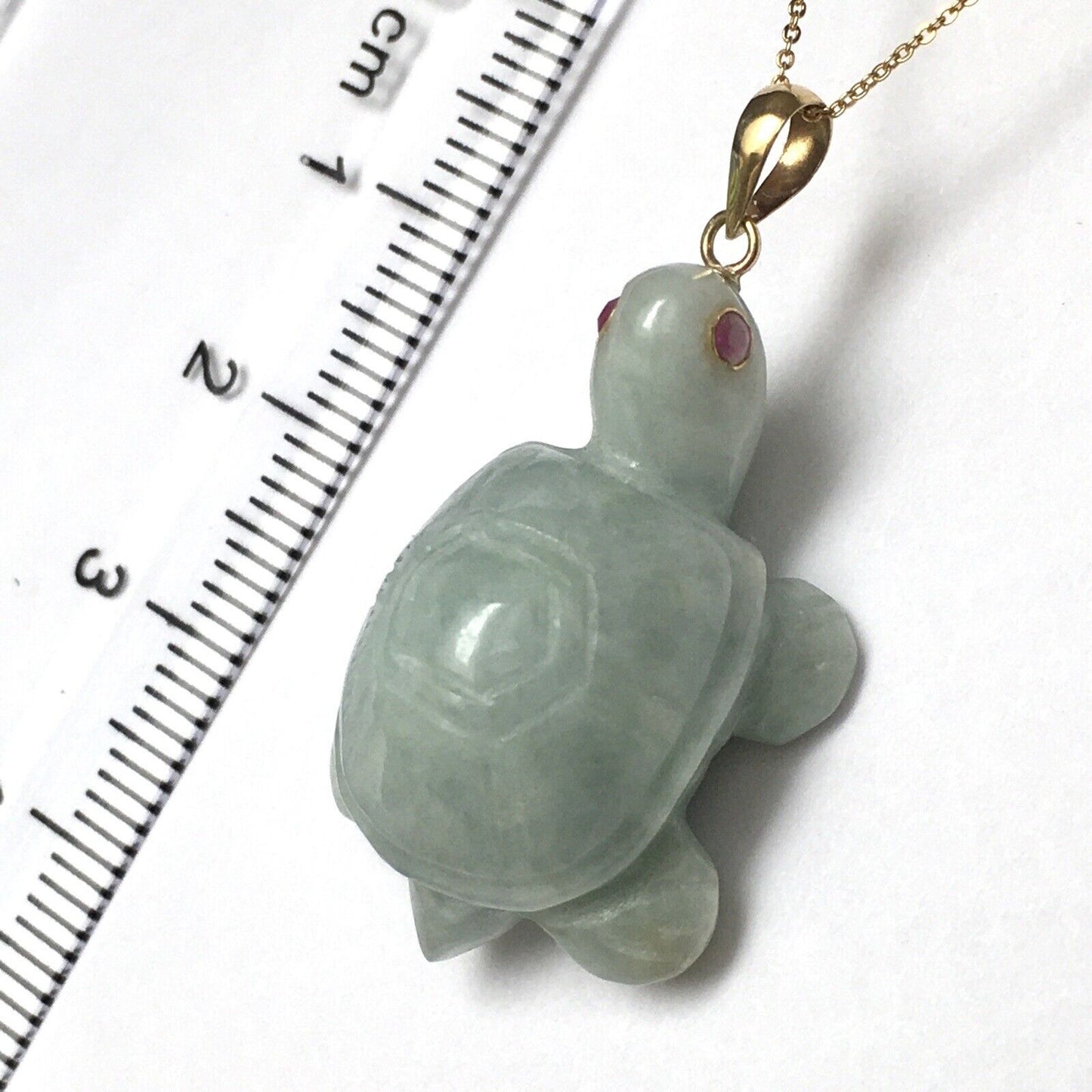 14k Solid Yellow Gold Natural Green Jade Turtle Pendant Ruby Eyes Hand Carved