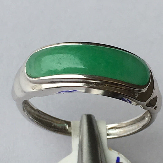 Q12318, New 14k Solid White Gold W/G Natural Grade Green Jade Ring, 15*5mm, SZ-6