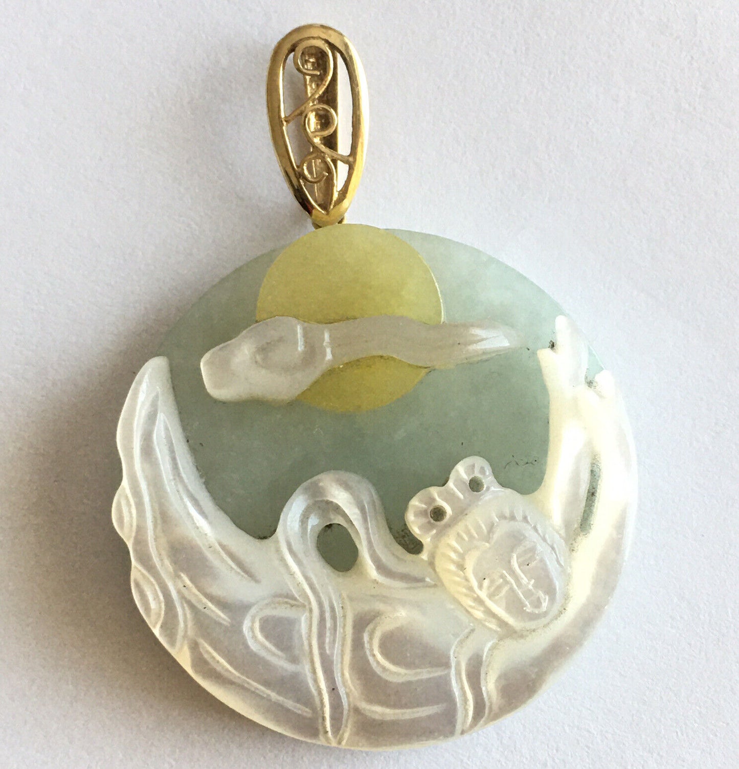 New 14k Solid Yellow Gold Natural Green Jade Mother of Pearl Pendant Lucky Lady Buddha 13.6g