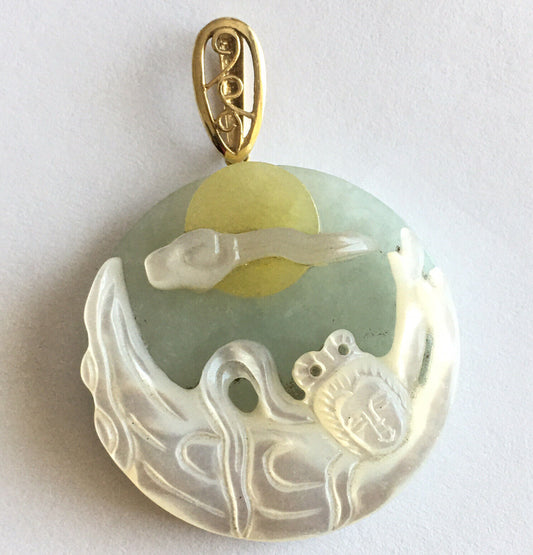 New 14k Solid Yellow Gold Natural Green Jade Mother of Pearl Pendant Lucky Lady Buddha 13.6g