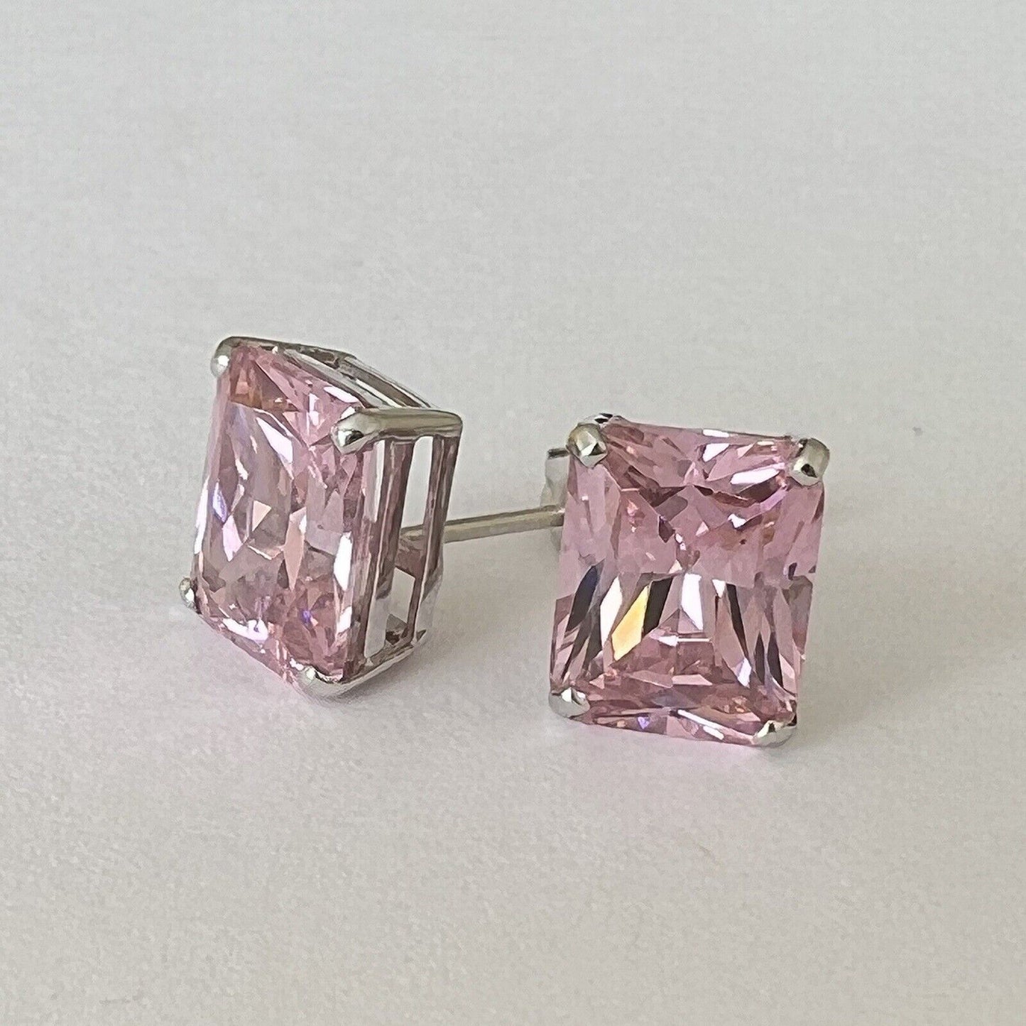 P2250 New 14k White Gold Pink Topaz Studs Earrings Gemstone 7*9mm Emerald Cut